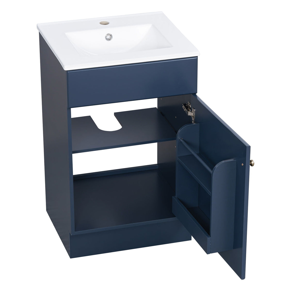 Bathroom vanity with sink in navy blue cabinet, white sink, adjustable shelf included on Tampa Home & Garden Store