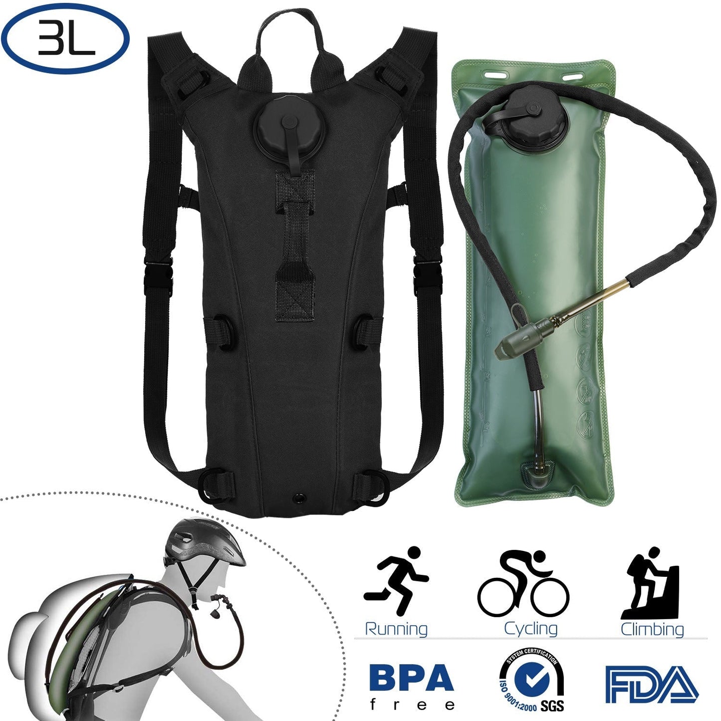 iMounTEK Tactical Hydration Pack 3L black backpack with adjustable straps and green bladder with tube on Tampa Home & Garden Store