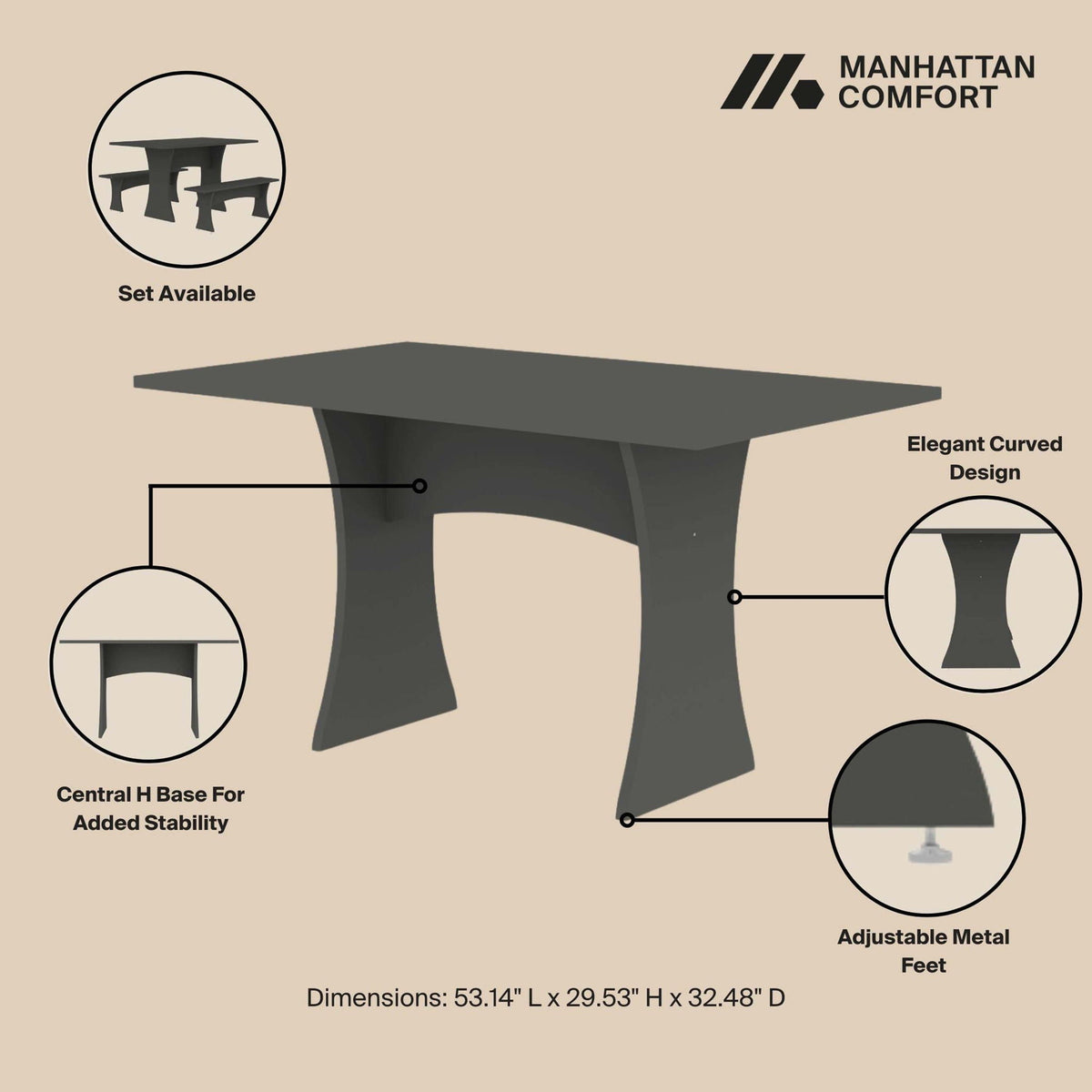 Modern dining table with adjustable metal feet in dark gray or white finish, central base on Tampa Home & Garden Store