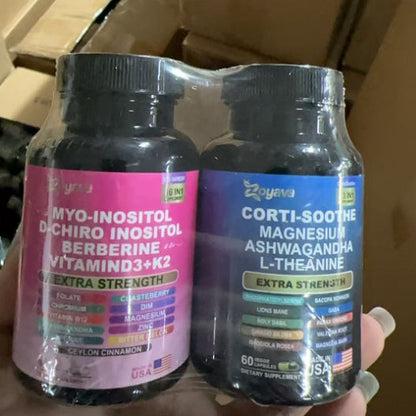 Two dietary supplement bottles with pink and blue labels, extra strength, in a cardboard box on Tampa Home & Garden Store