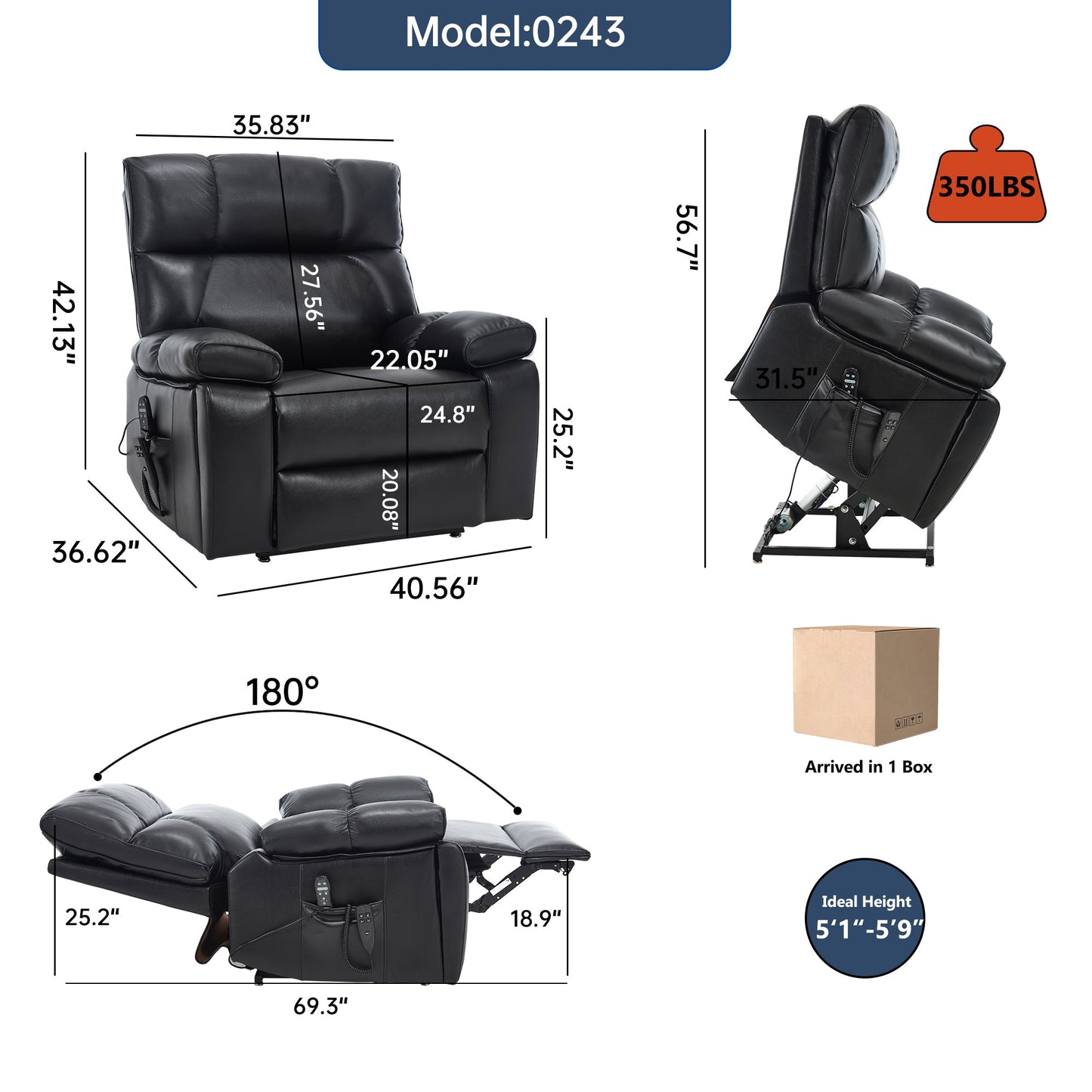 Black Leatheraire heat massage recliner by HouseOfZazla with remote control on Tampa Home & Garden Store