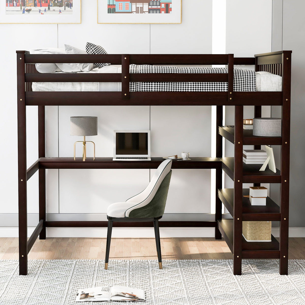 Loft bed with storage shelves and under-bed desk in dark walnut on Tampa Home & Garden Store