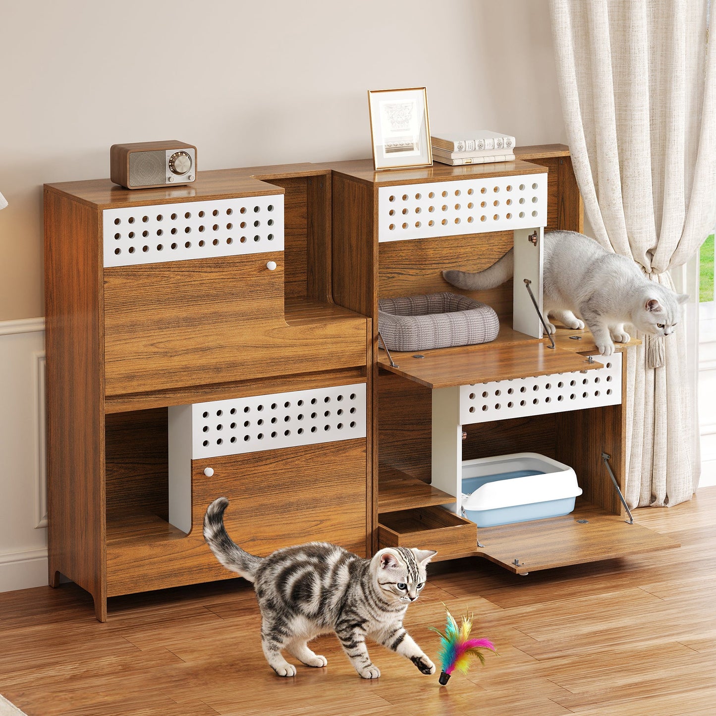 2-Piece Modern 2IN1 Cat Furniture Set by HouseOfZazla in walnut with white perforated panels on Tampa Home & Garden Store