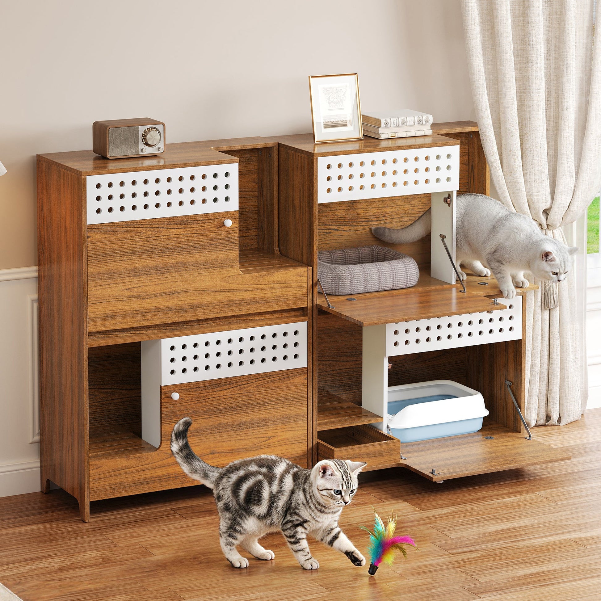 2-Piece Modern 2IN1 Cat Furniture Set by HouseOfZazla in walnut with white perforated panels on Tampa Home & Garden Store