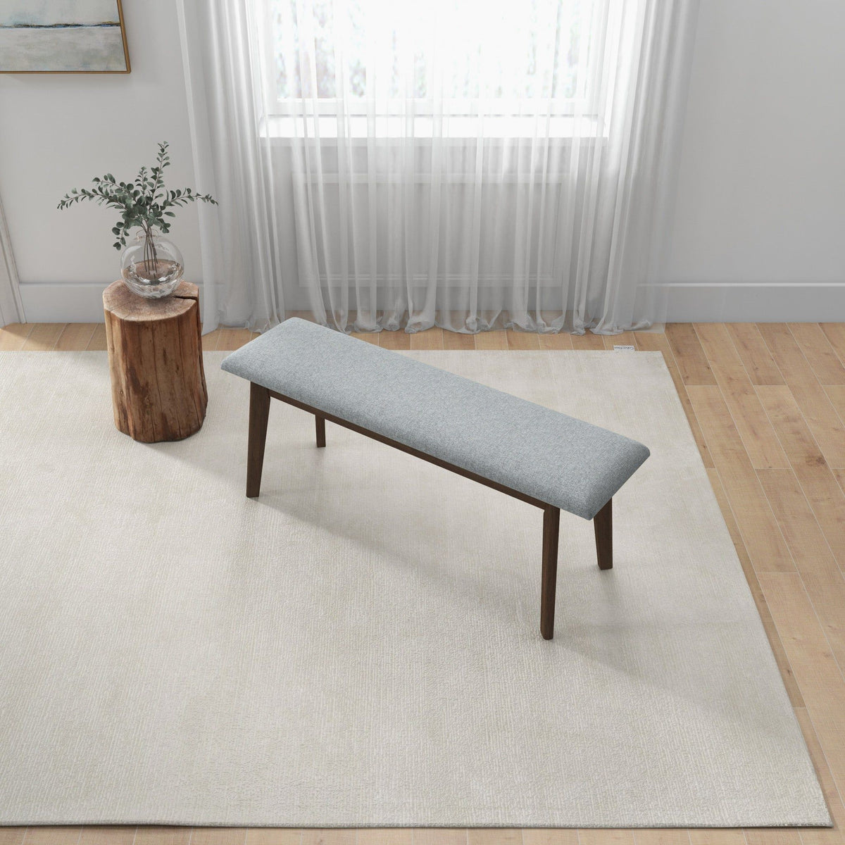 Carlos Upholstered Bench gray high-density foam, dark wood legs by sheer curtains on Tampa Home & Garden Store