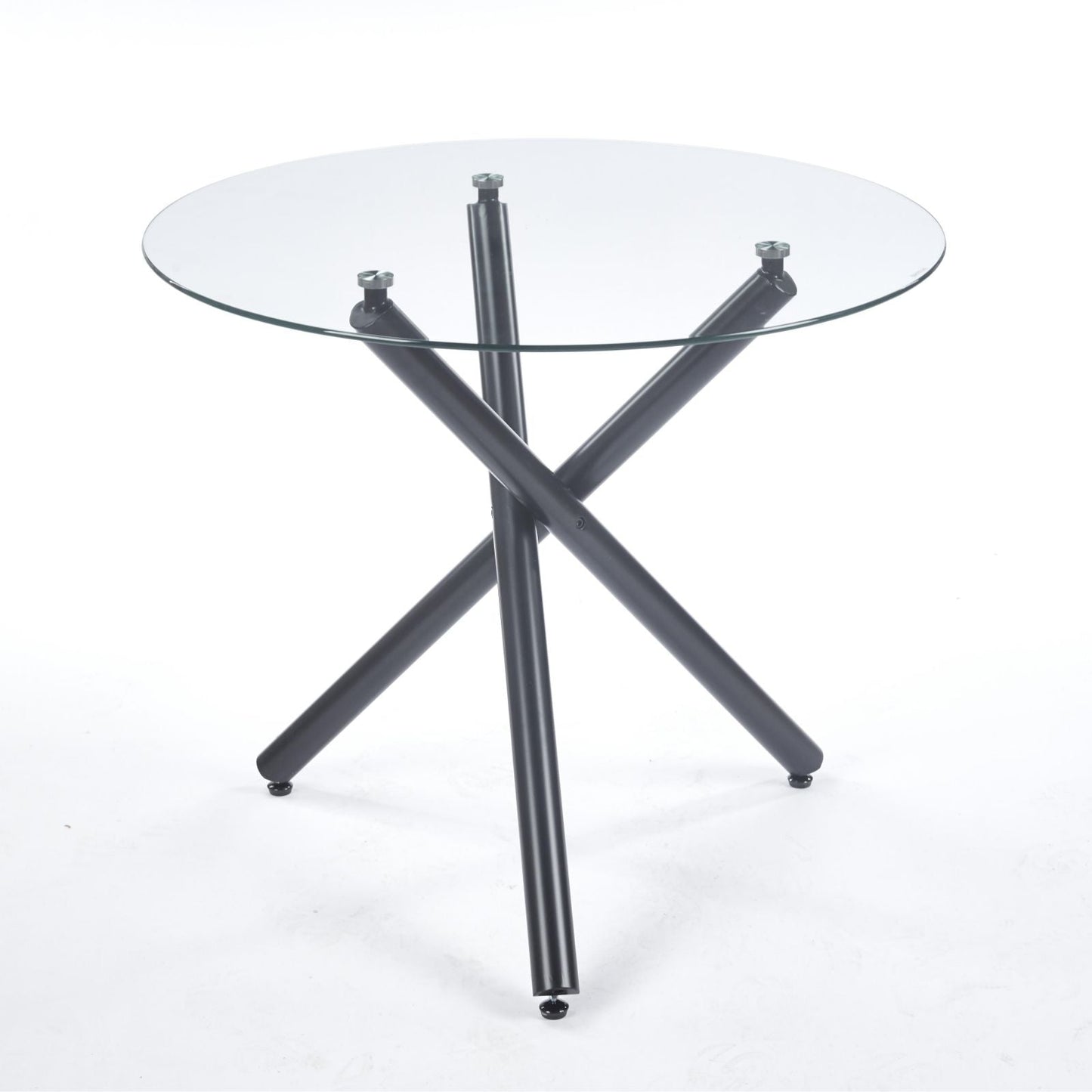 Dining table round glass top with black metal cross-legged base, space-saving design HouseOfZazla on Tampa Home & Garden Store