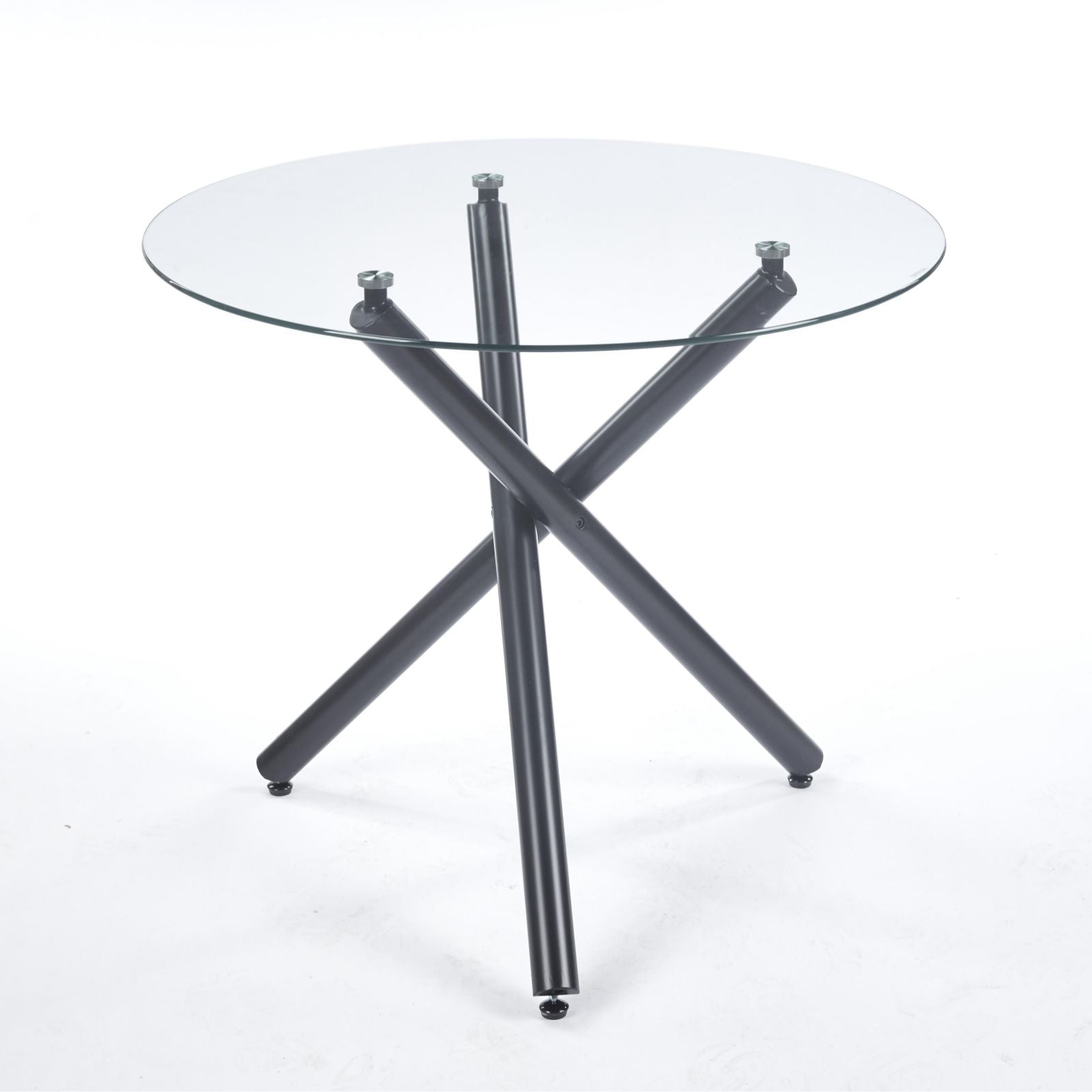 Dining table round glass top with black metal cross-legged base, space-saving design HouseOfZazla on Tampa Home & Garden Store
