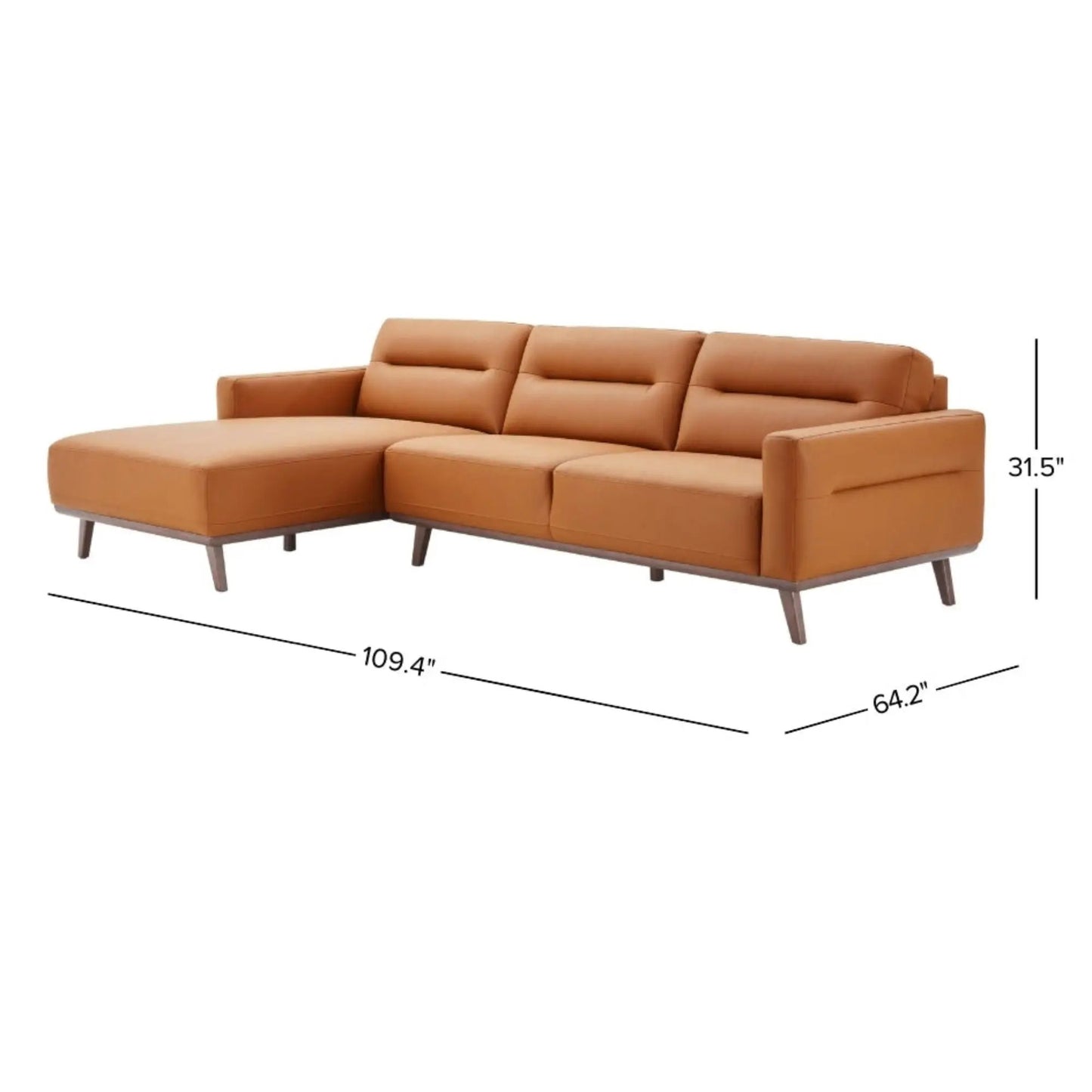 Ella L-Shaped Sectional Couch tan leather upholstery with chaise and slim wooden legs on Tampa Home & Garden Store