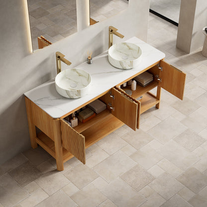 SHARMA 60in bathroom vanity with dual marble vessel sinks and plywood storage on Tampa Home & Garden Store