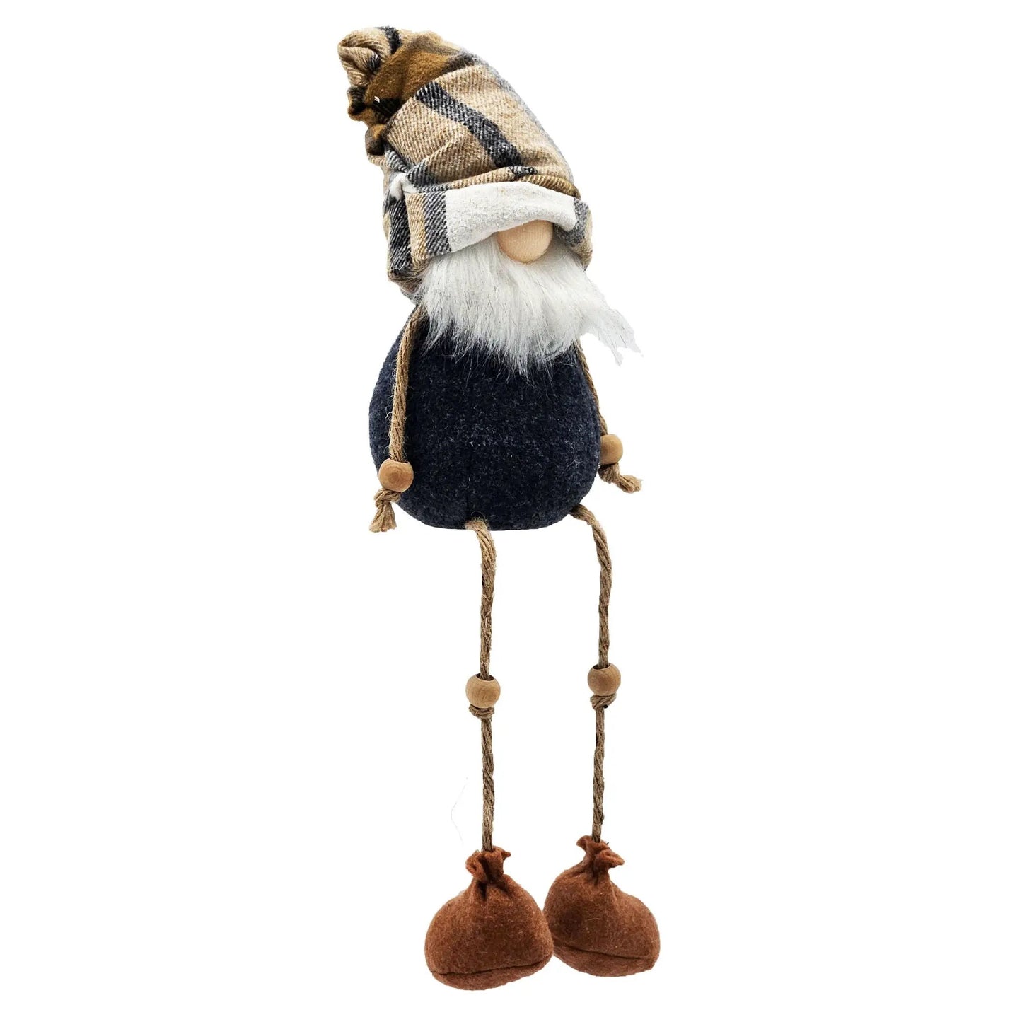 Fall gnome figurine in blue and brown with plaid scarf and hanging rope legs on Tampa Home & Garden Store