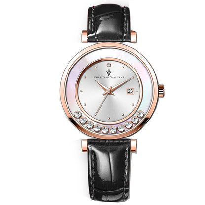 Bria watch by Christian Van Sant rose-gold case, black leather strap, crystal bezel on Tampa Home & Garden Store