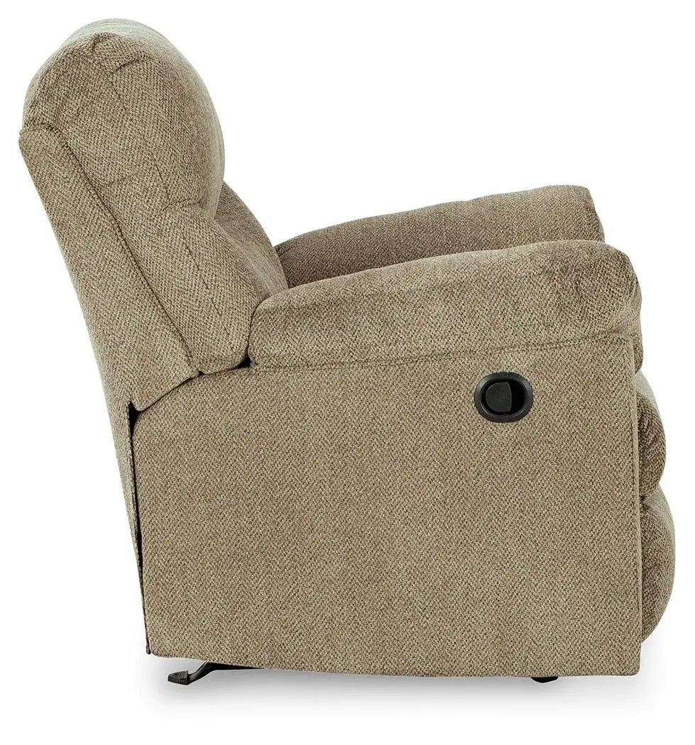 Alphons Rocker Recliner by Unique Piece Furniture in tan fabric with side lever on Tampa Home & Garden Store