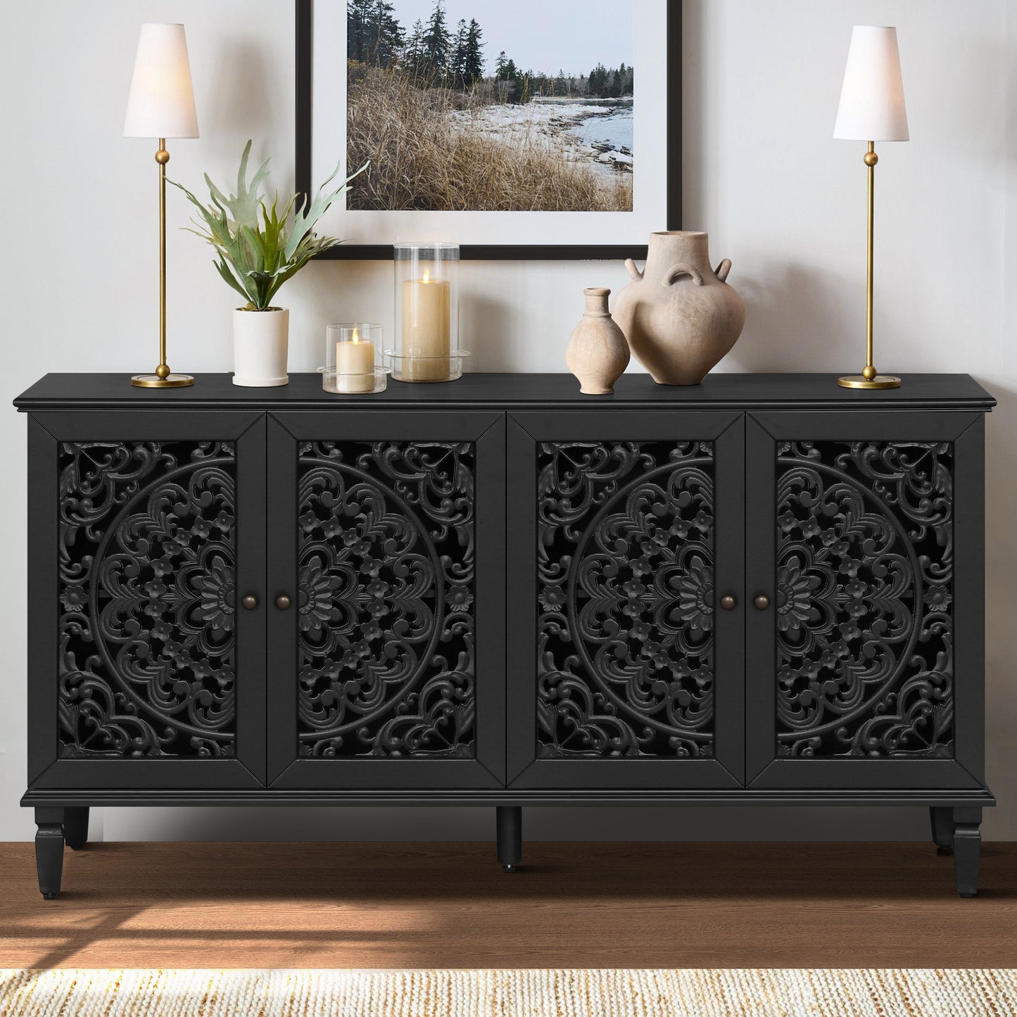 60in Antique Buffet Cabinet with Floral Carvings, black finish, ornate panels HouseOfZazla on Tampa Home & Garden Store