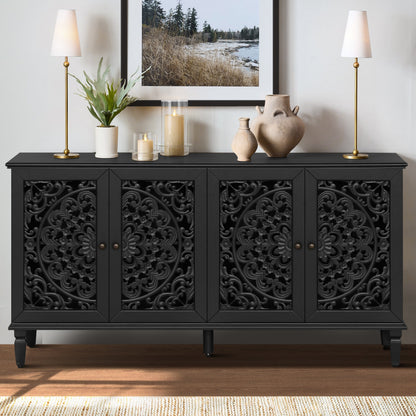 60in Antique Buffet Cabinet with Floral Carvings, black finish, ornate panels HouseOfZazla on Tampa Home & Garden Store