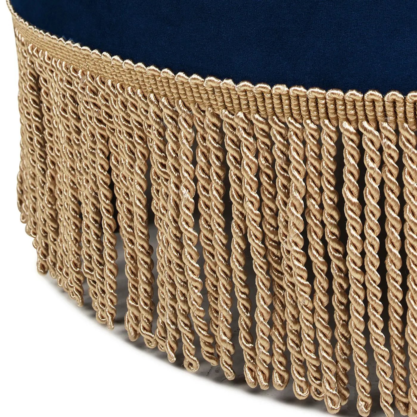 Yolanda Round Upholstered Accent Ottoman navy velvet top with tan twisted rope fringe trim on Tampa Home & Garden Store