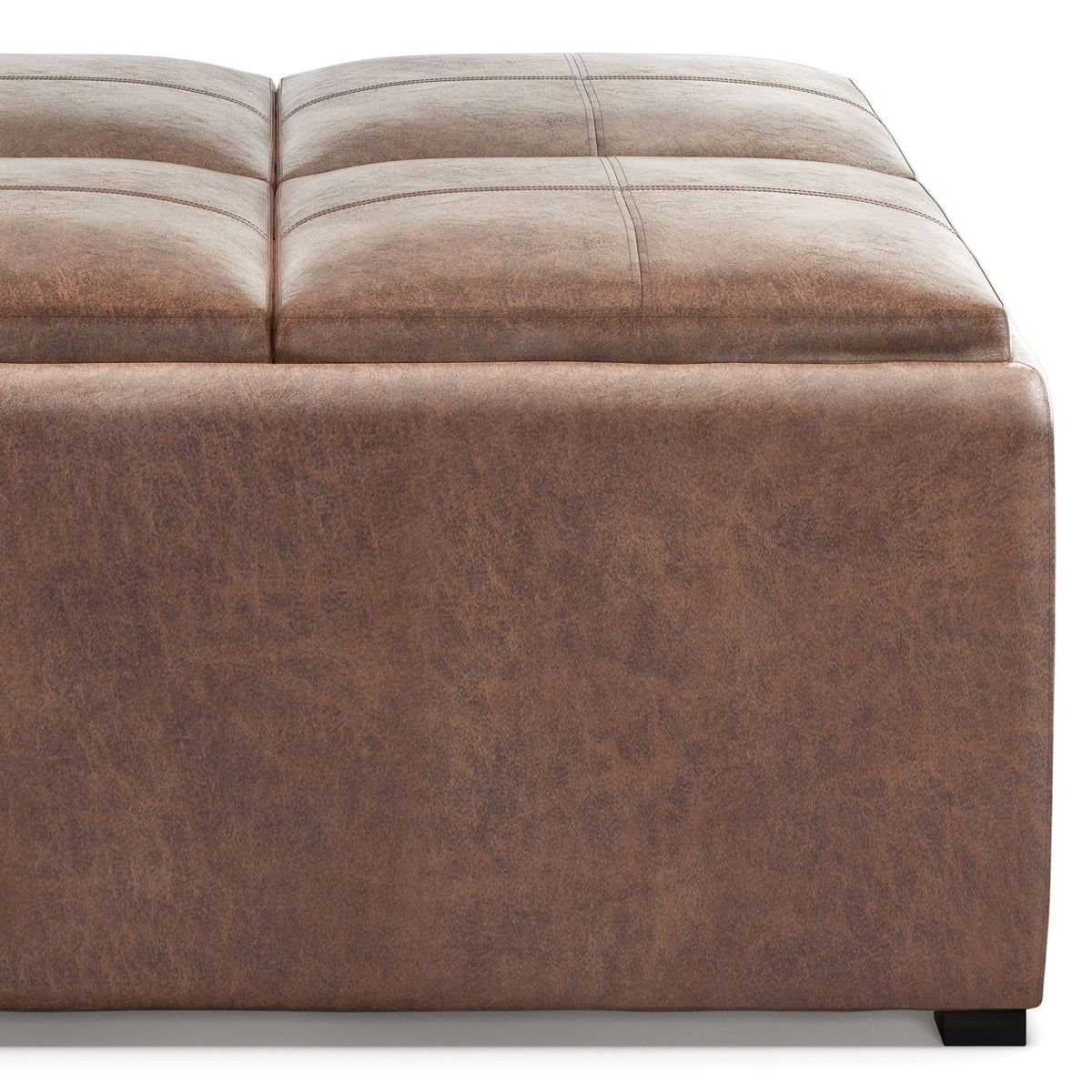Avalon Square Leather Storage Ottoman in brown with grid-stitched panel seams on Tampa Home & Garden Store