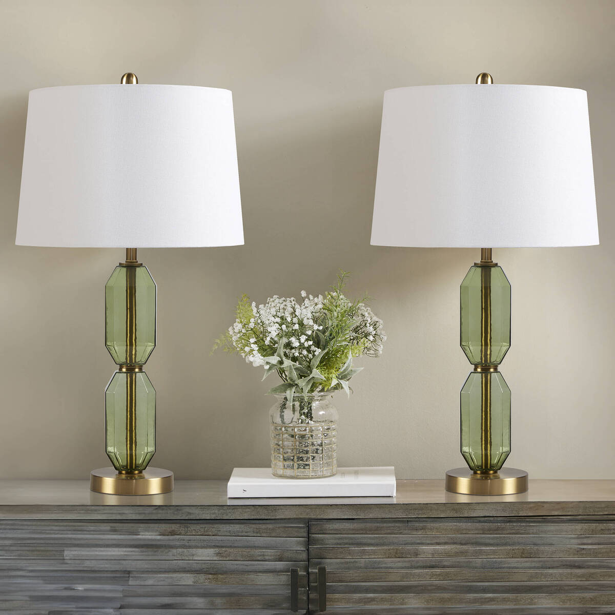 Faceted green glass table lamp pair with white drum shades and brass bases by HouseOfZazla on Tampa Home & Garden Store