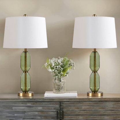 Faceted green glass table lamp pair with white drum shades and brass bases by HouseOfZazla on Tampa Home & Garden Store