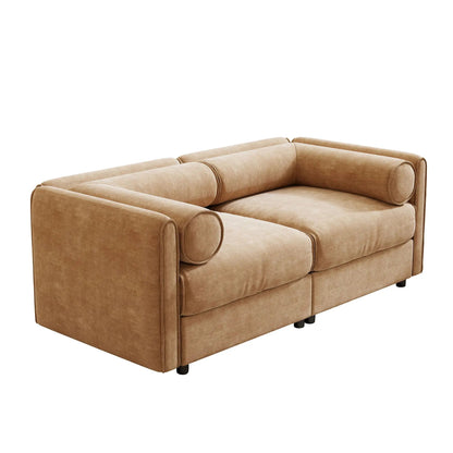 Stylish Sofa With Storage Seat And Cylindrical Backrest in tan upholstery with rounded arms on Tampa Home & Garden Store