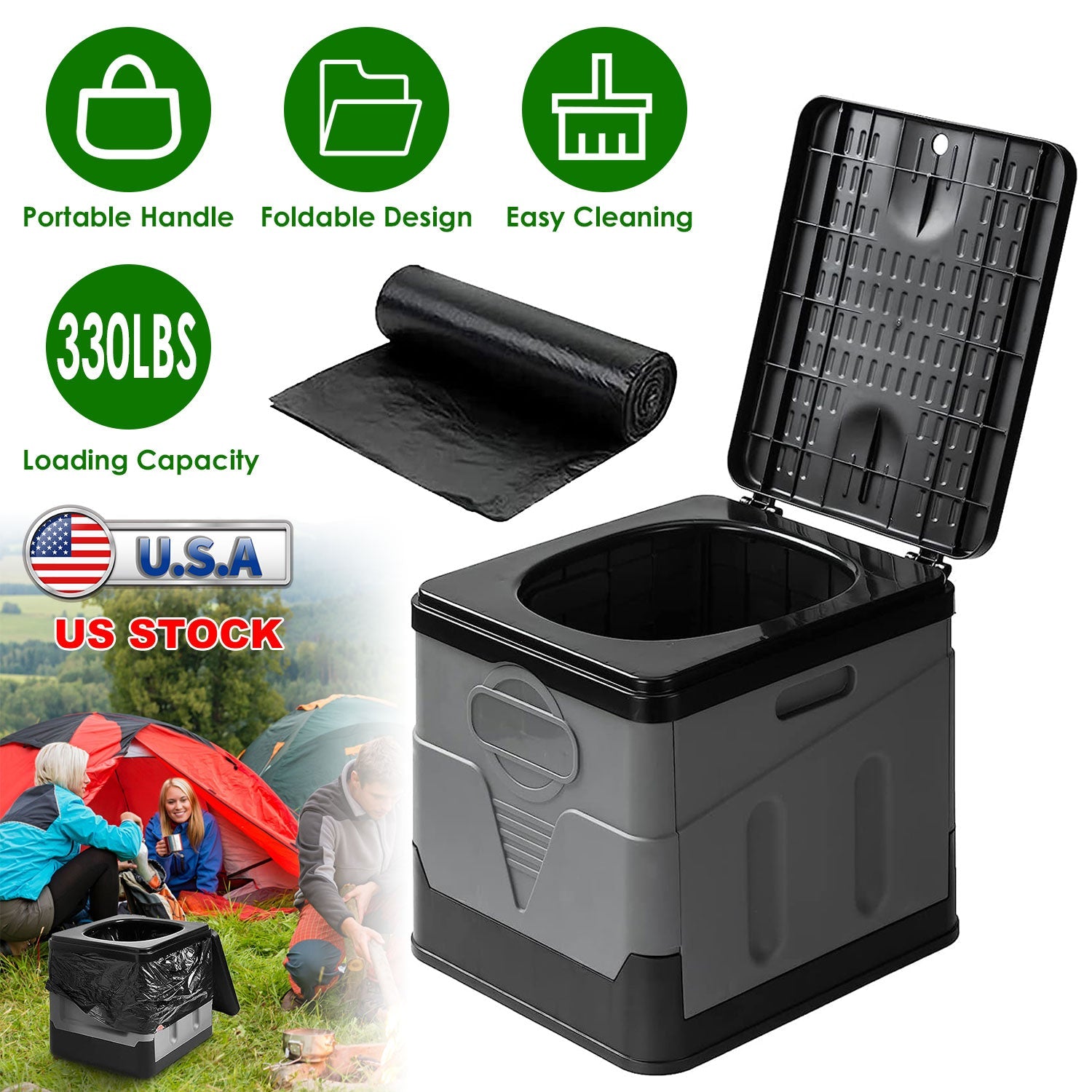 GemGear portable camping toilet with carry bag, foldable design and lid, 330 lbs capacity on Tampa Home & Garden Store