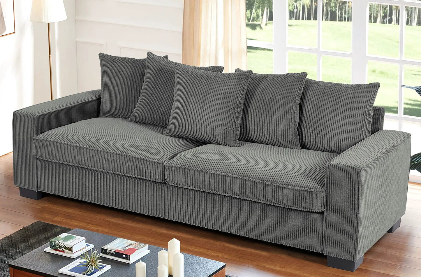 Luxe 3-seater sofa in gray corduroy with 5 toss pillows by Unique Piece Furniture on Tampa Home & Garden Store