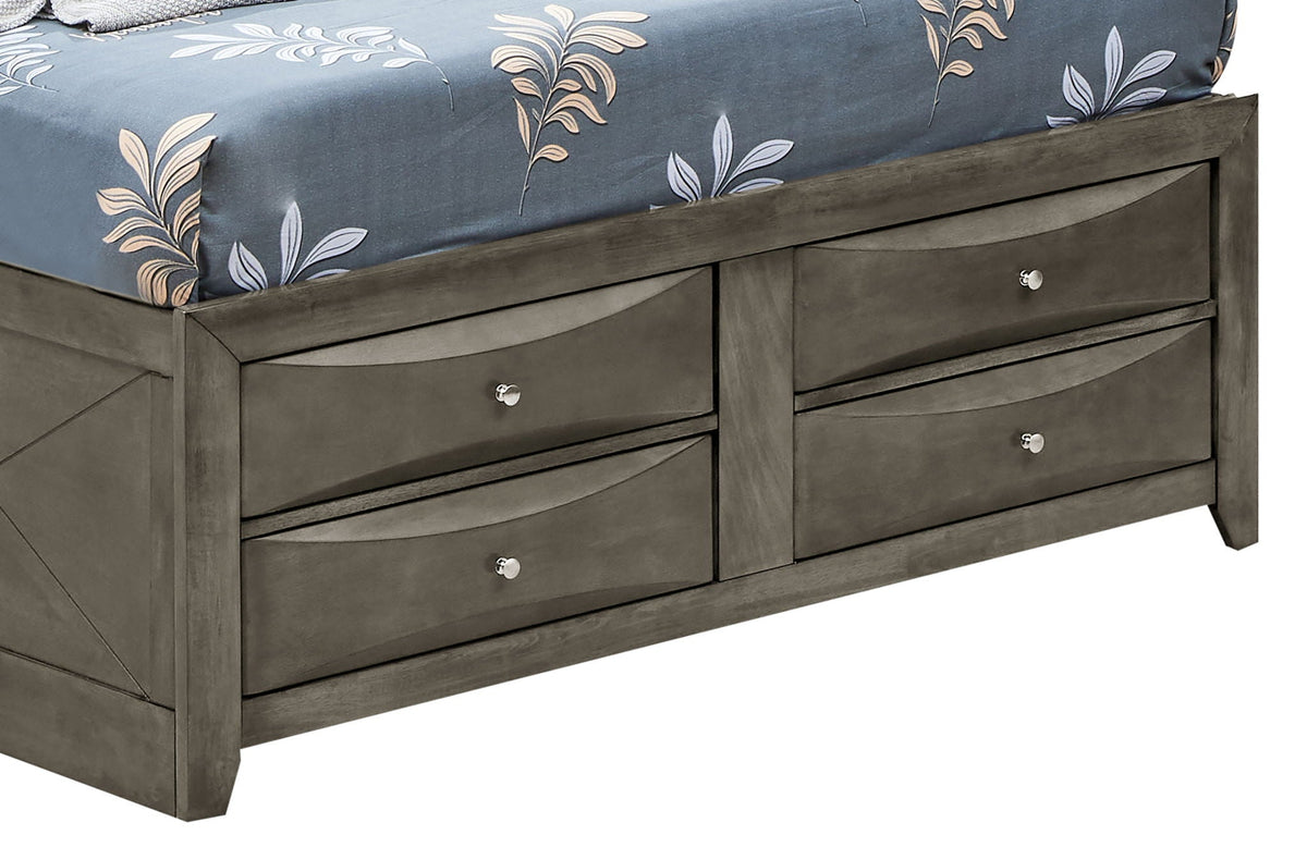 Dark wood storage bed with curved front drawers under bedding on Tampa Home & Garden Store