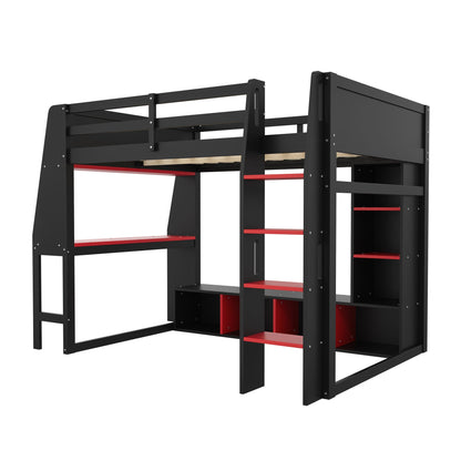Gaming loft bed with desk and red storage shelves in black frame on Tampa Home & Garden Store