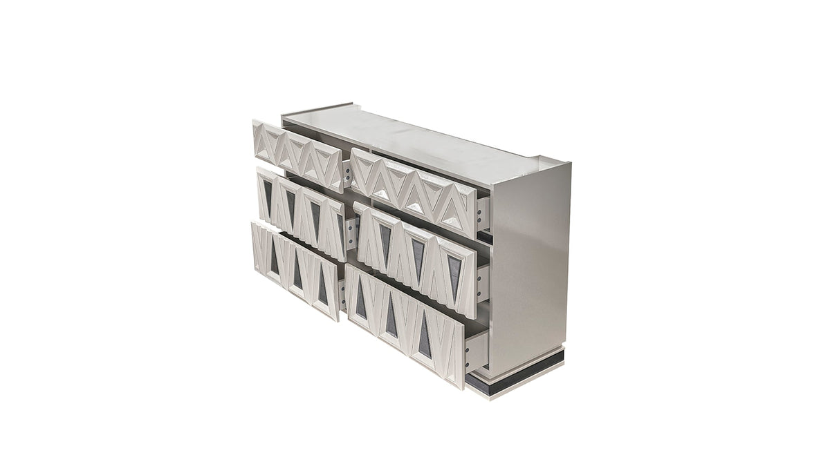 Lavita modern dresser with 15 square-panel drawers featuring diamond accents in light gray on Tampa Home & Garden Store