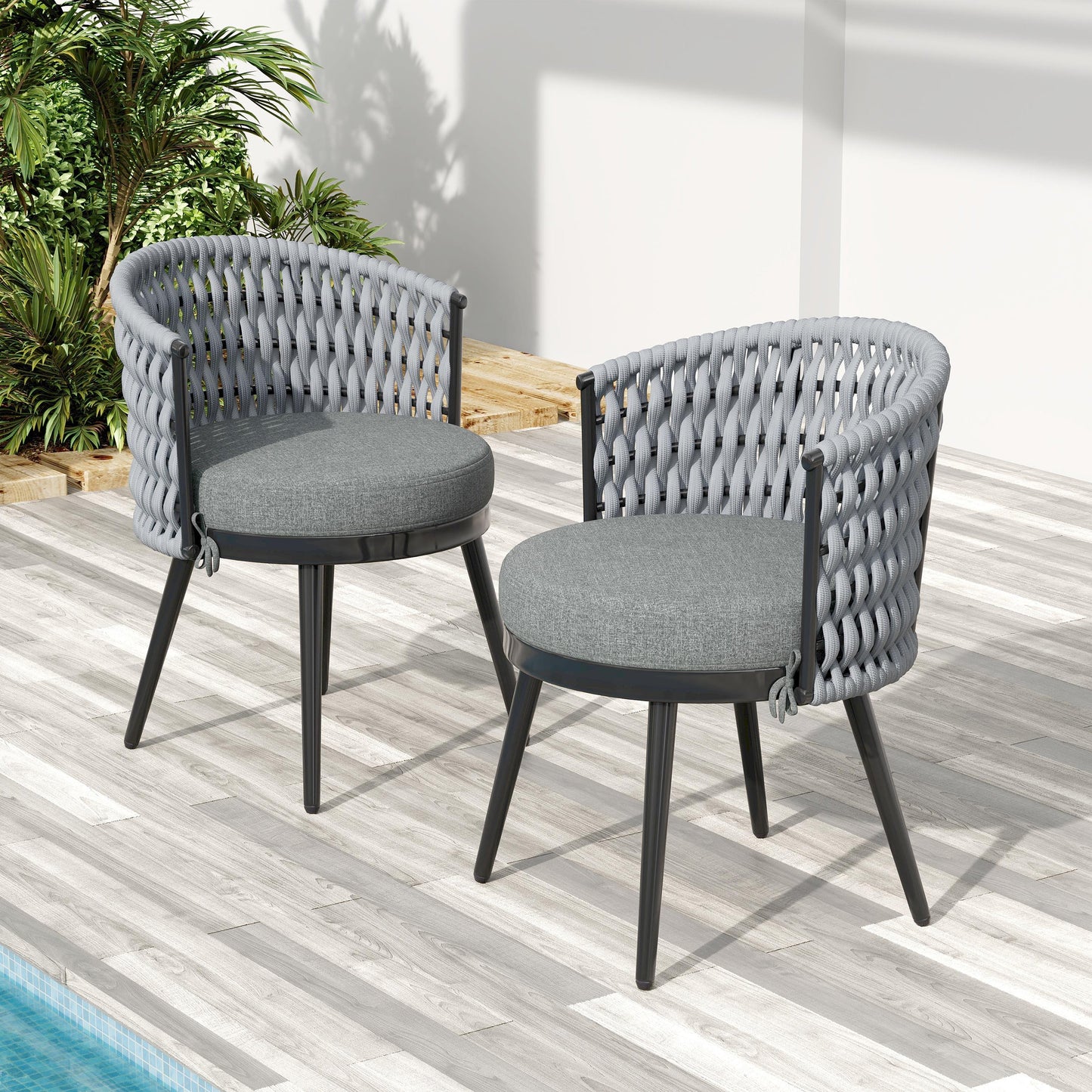 Outdoor Dining Chairs by HouseOfZazla, gray woven rope patio seating with cushions, set of 2 on Tampa Home & Garden Store