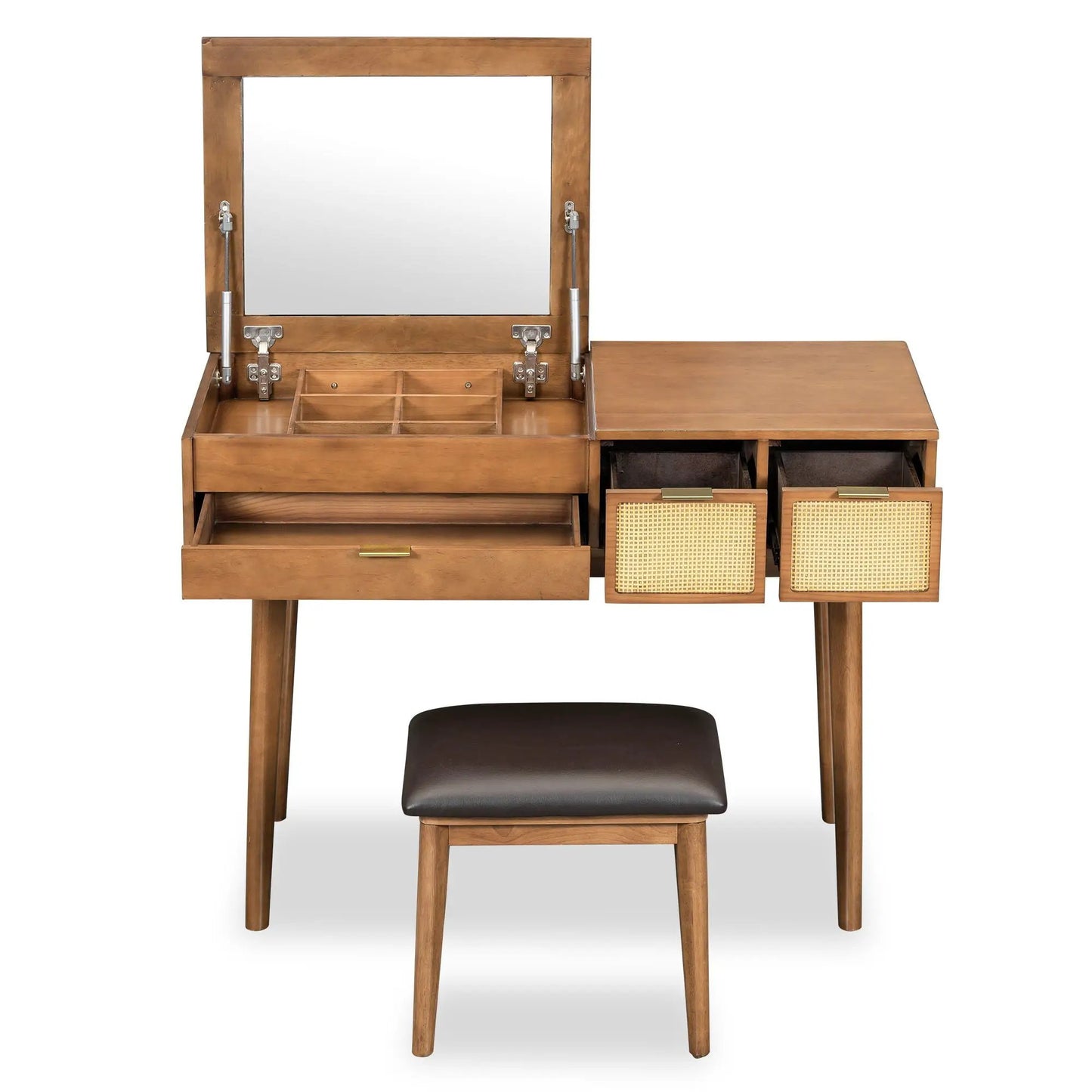 Wooden makeup vanity set with flip-top mirror, three drawers and woven baskets on Tampa Home & Garden Store