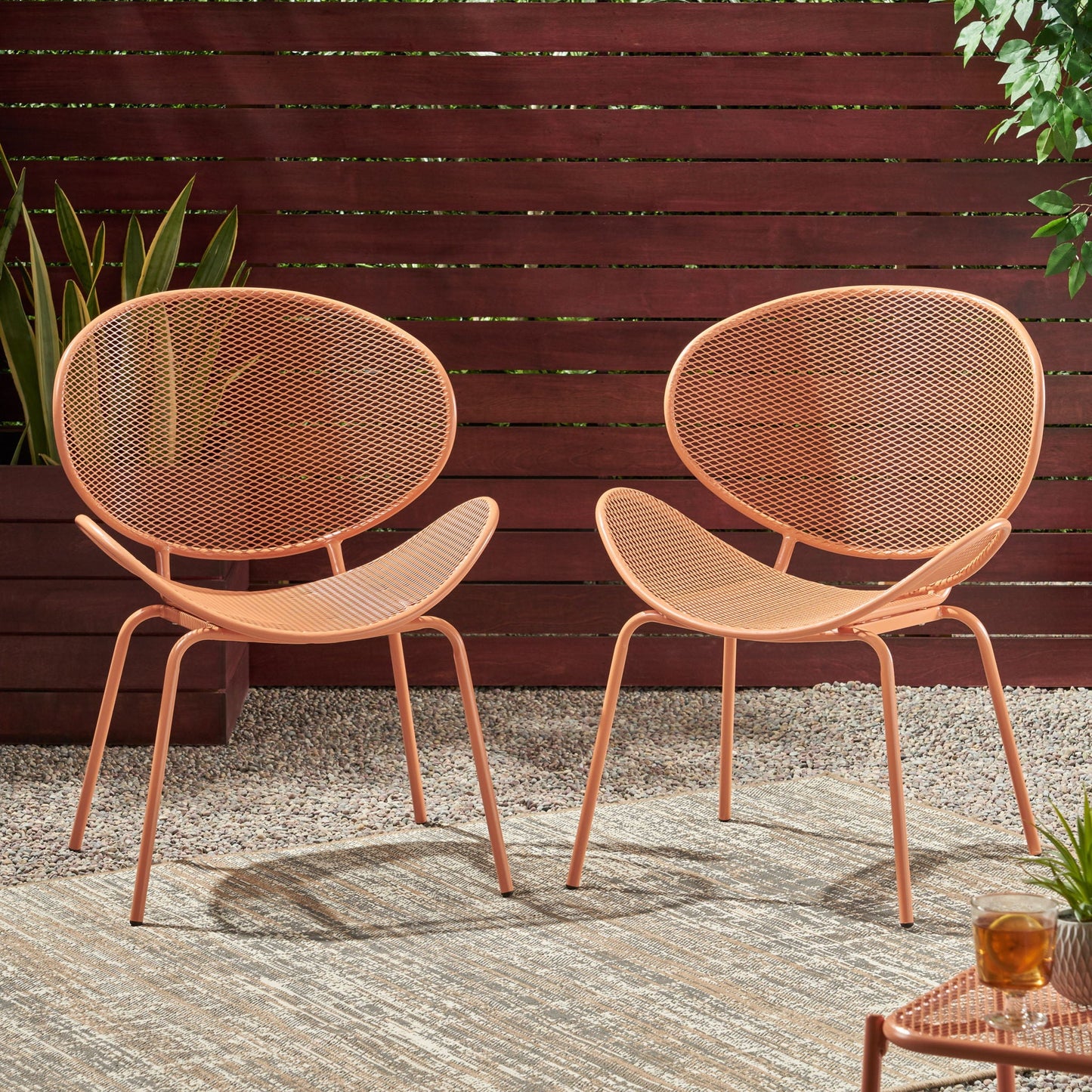Elba Contemporary Chair Set armless outdoor chairs in peach mesh with metal frames, 2-pack on Tampa Home & Garden Store