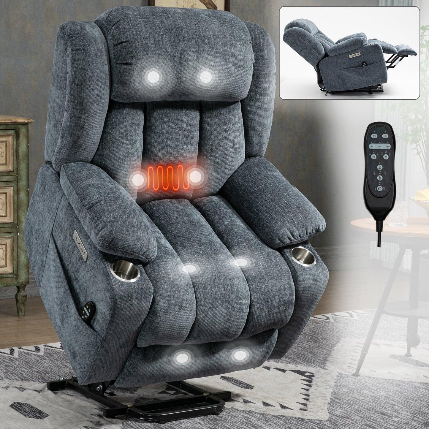 Chenille and power lift recliner with heating