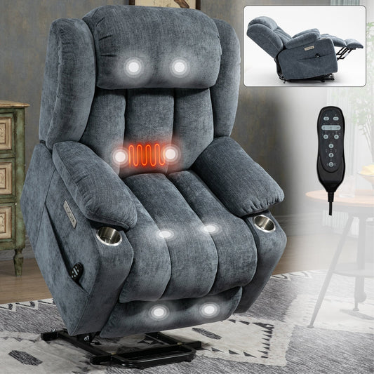 HouseOfZazla chenille power lift recliner chair in blue-gray fabric with massage heating remote on Tampa Home & Garden Store