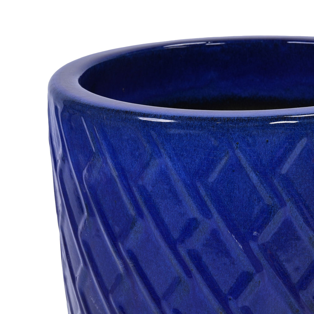Ceramic flowerpot planter in cobalt blue with glossy glaze, close-up rim on Tampa Home & Garden Store