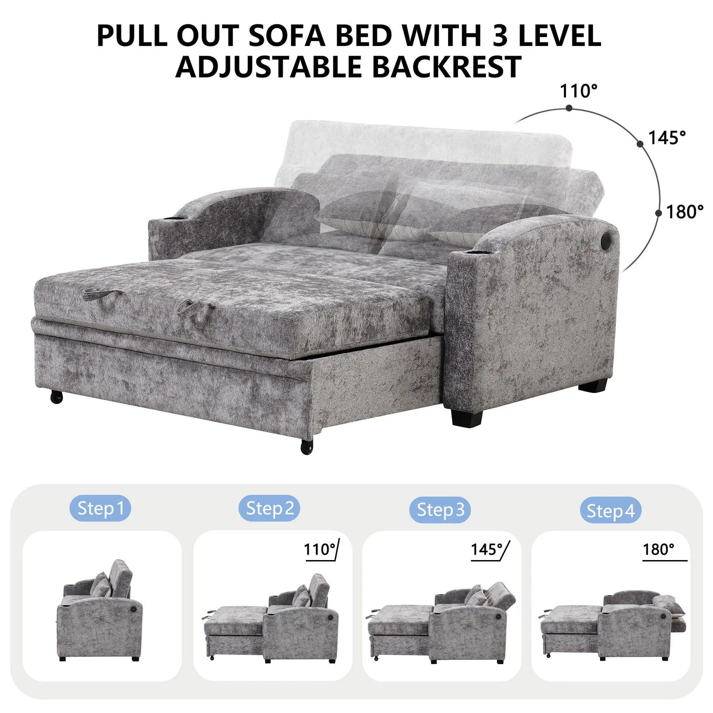 Pull Out Loveseat with Adjustable Backrest USB