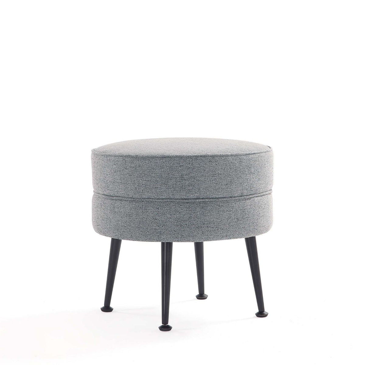 Bailey Accent Ottoman, round grey fabric seat with black tapered legs, HouseOfZazla on Tampa Home & Garden Store