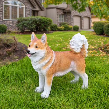 Lifelike Shiba Inu statue by HouseOfZazla, tan and white outdoor garden sculpture on Tampa Home & Garden Store