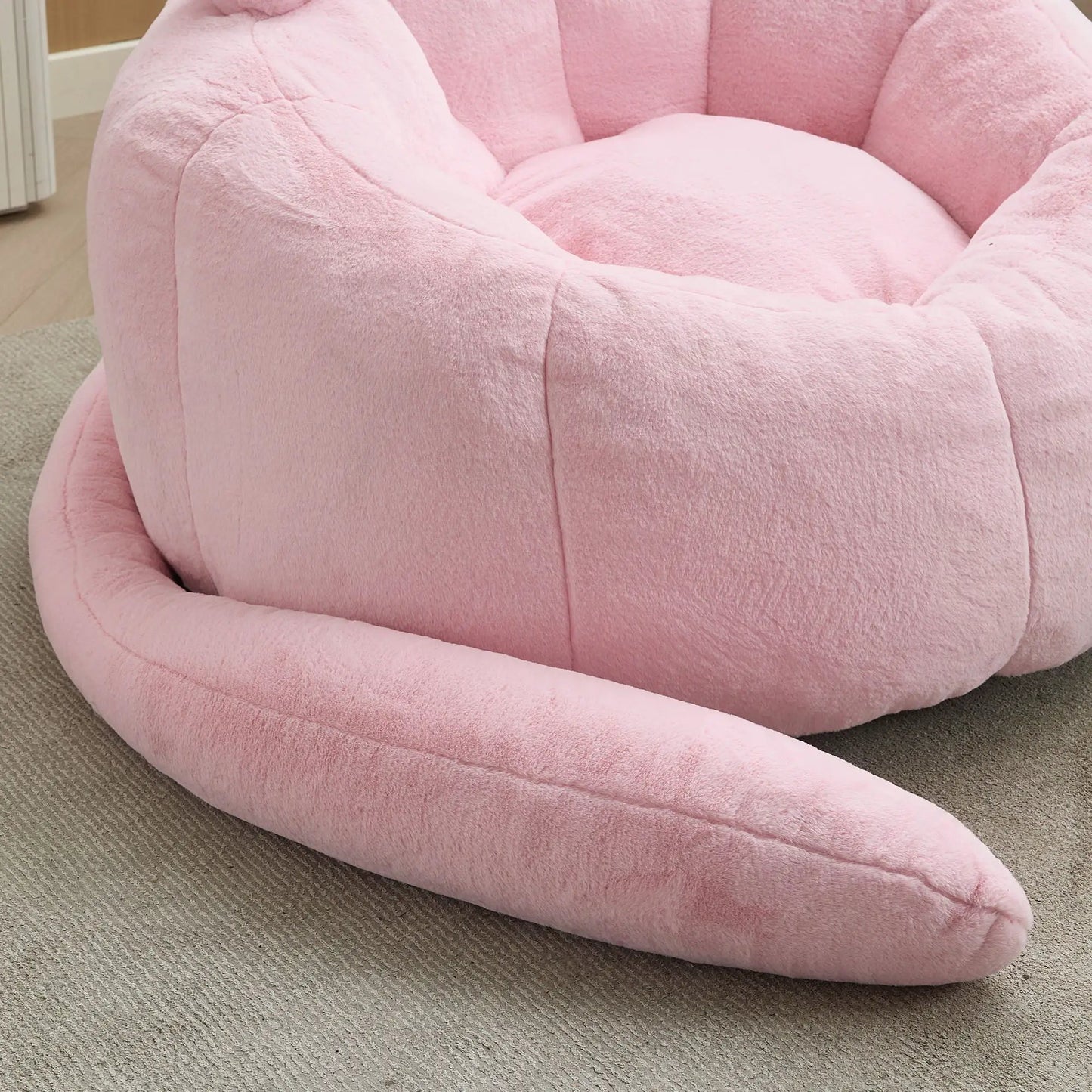 Cat shaped bean bag sofa with long tail in pink plush fabric by Unique Piece Furniture on Tampa Home & Garden Store