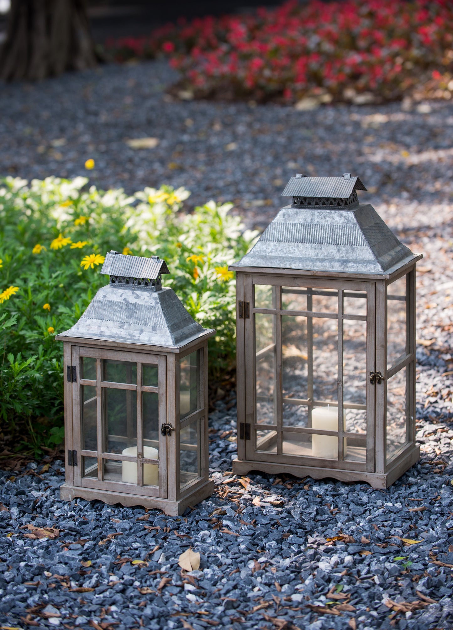 S/2 Classic Scape Lanterns weathered gray metal with glass panes and candles inside set of 2 on Tampa Home & Garden Store
