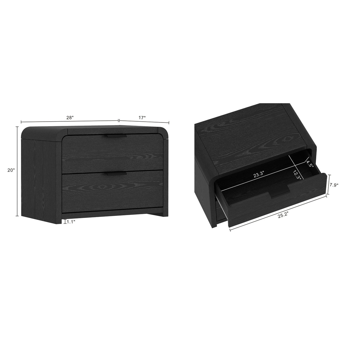 Grace Nightstand with Two Drawers, black wood grain finish, HouseOfZazla accent nightstand on Tampa Home & Garden Store
