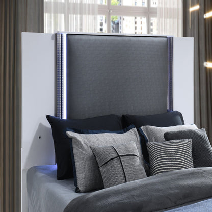 Moon LED panel bed with grey upholstered headboard and LED side lighting by HouseOfZazla on Tampa Home & Garden Store