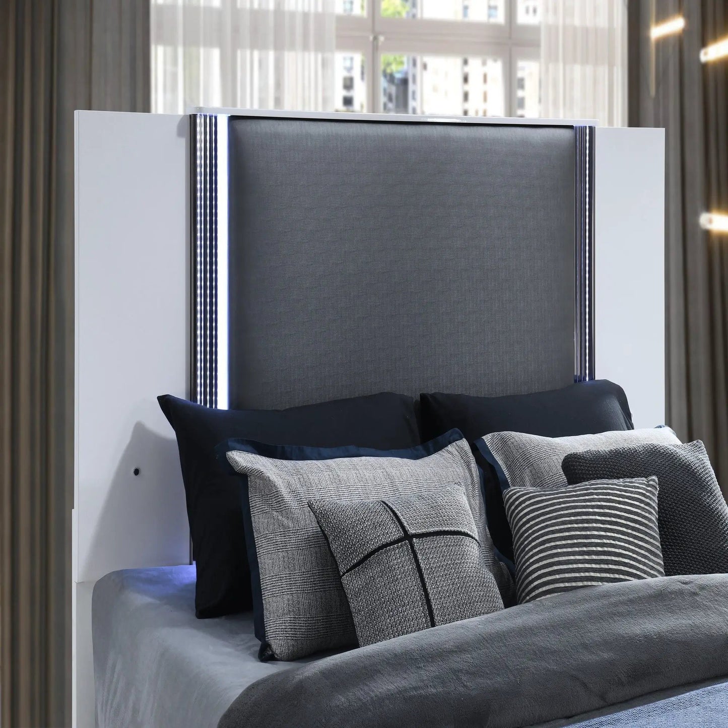 Moon panel bed with LED accent lighting, white frame and grey upholstered headboard on Tampa Home & Garden Store