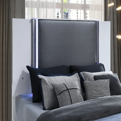 Moon panel bed with LED accent lighting, white frame and grey upholstered headboard on Tampa Home & Garden Store
