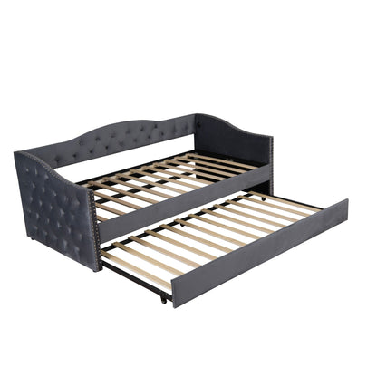 Twin size upholstered daybed with trundle in gray fabric, HouseOfZazla on Tampa Home & Garden Store