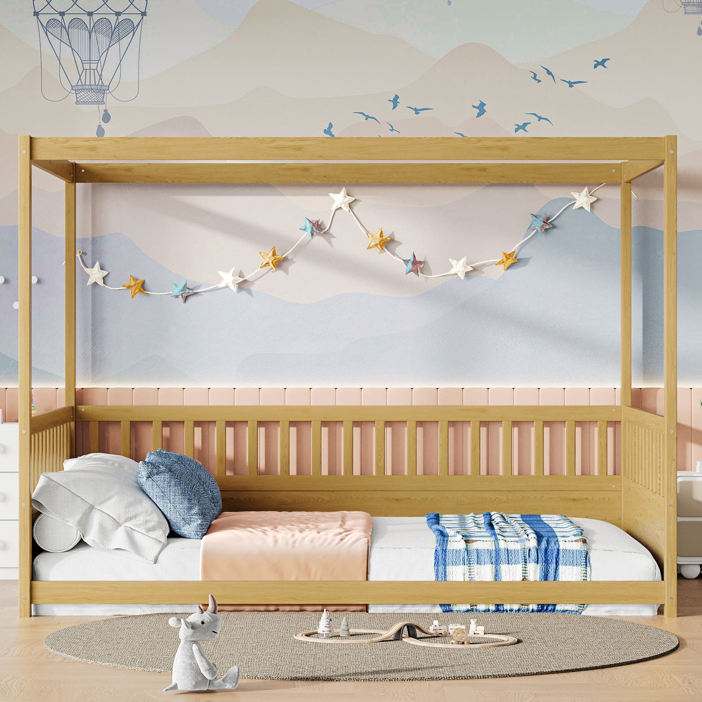 Full size canopy bed frame with guardrails for kids in natural wood finish by HouseOfZazla on Tampa Home & Garden Store