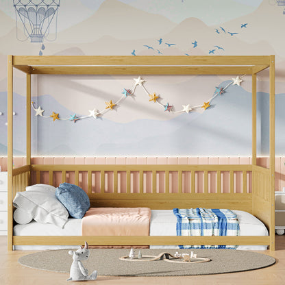 Full size canopy bed frame with guardrails for kids in natural wood finish by HouseOfZazla on Tampa Home & Garden Store
