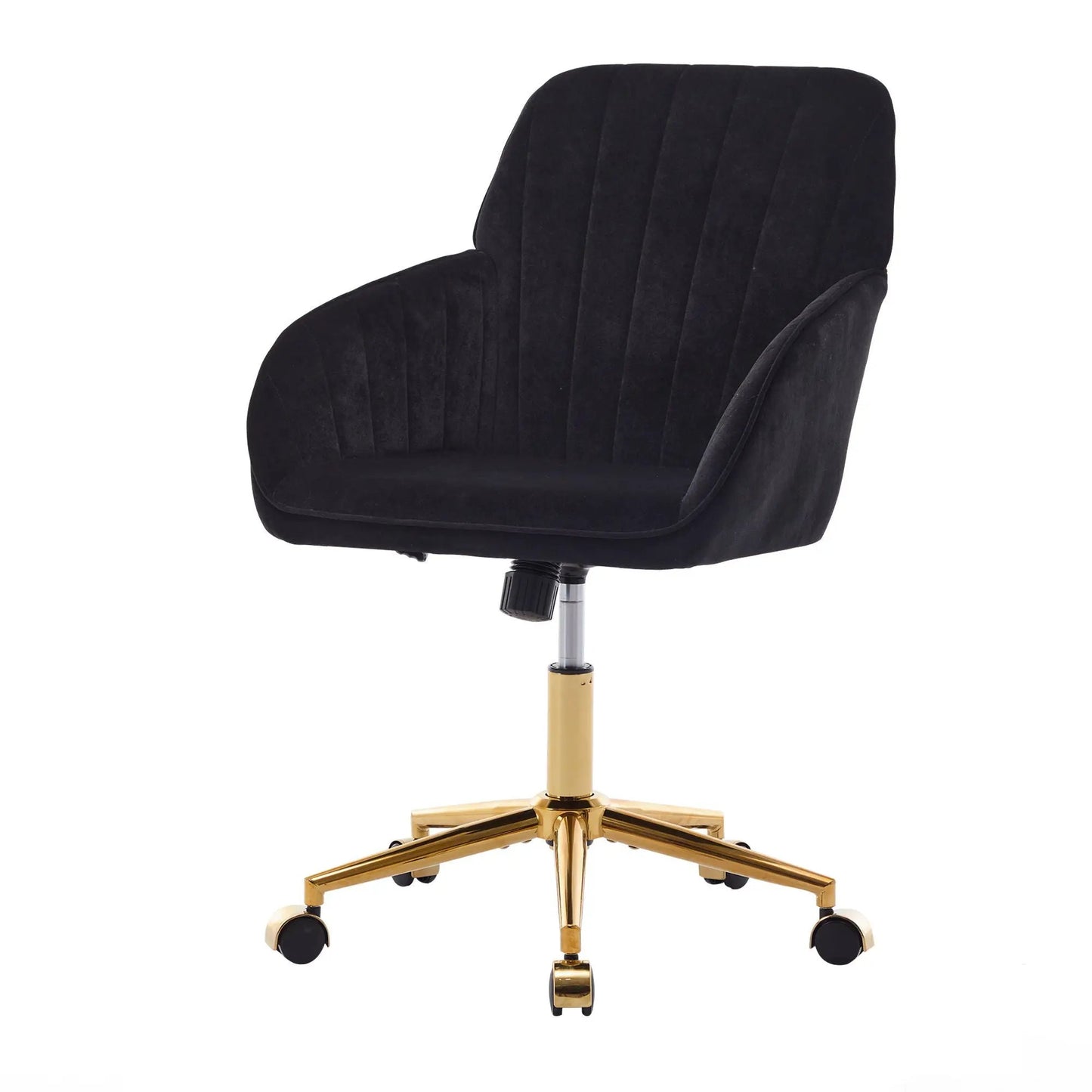 Adjustable ergonomic swivel chair in black velvet with gold base and casters on Tampa Home & Garden Store