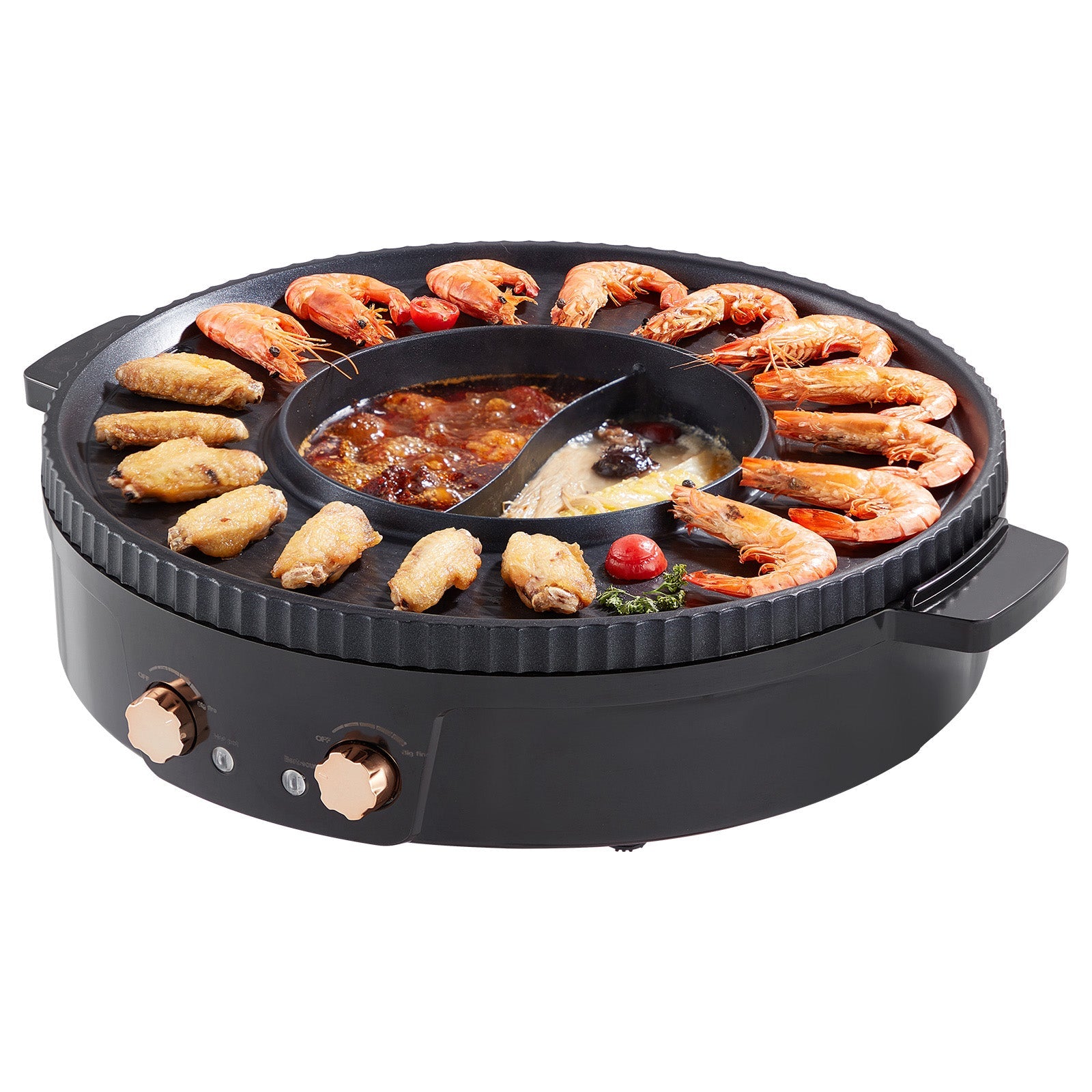Hot Pot with Grill 1800W 2-in-1 smokeless black electric grill with center pot shrimp and wings on Tampa Home & Garden Store