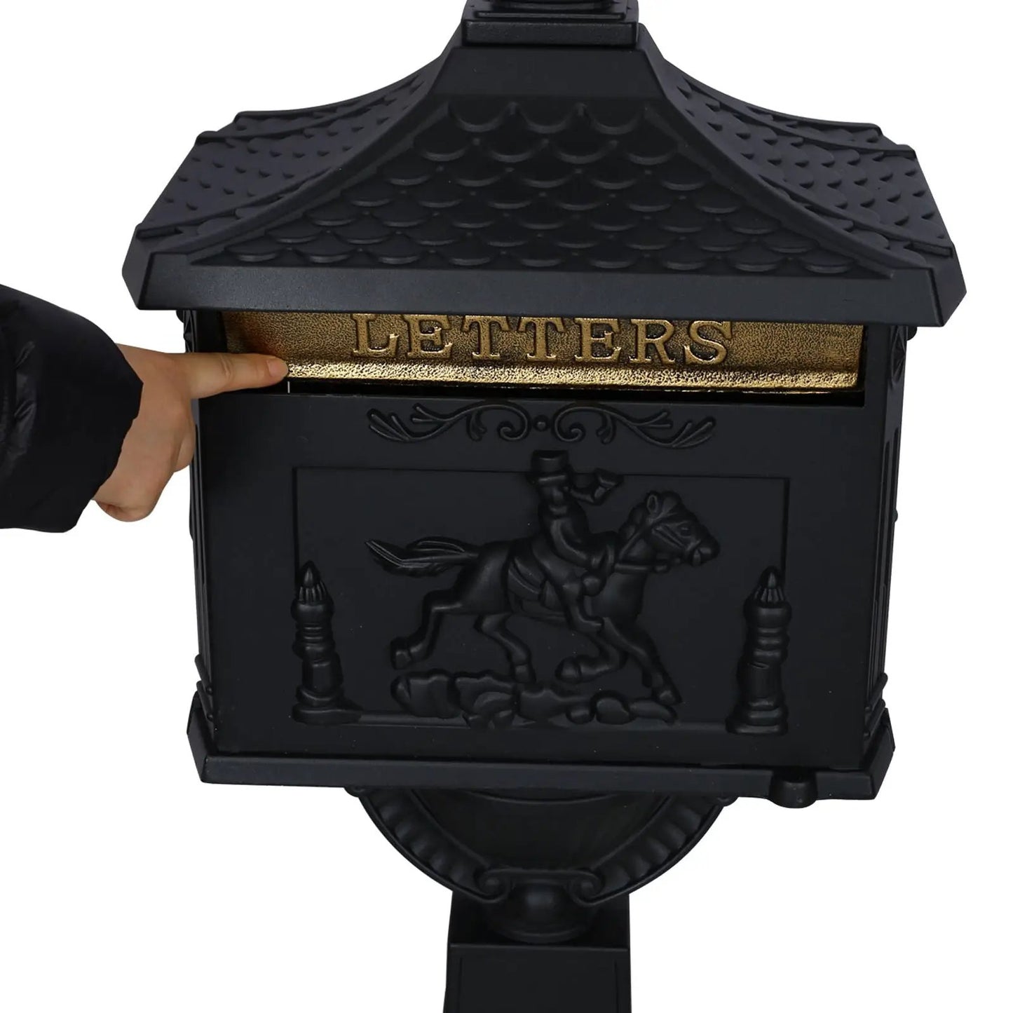 Cast aluminum black mailbox with gold LETTERS mail slot and ornate relief outdoor decor on Tampa Home & Garden Store