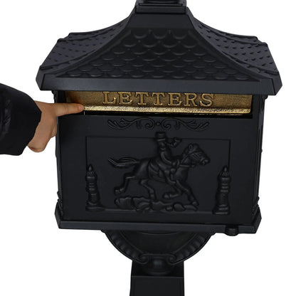 Cast aluminum black mailbox with gold LETTERS mail slot and ornate relief outdoor decor on Tampa Home & Garden Store